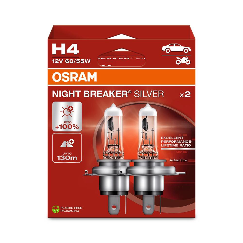 SET 2 BECURI 12V H4 60/55 W NIGHT BREAKER SILVER +100% OSRAM